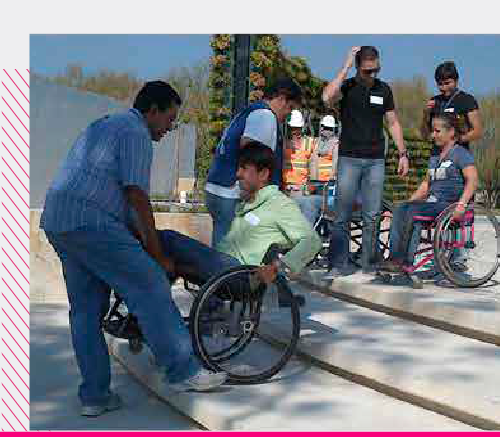Group of people carrying out an awareness-raising activity to assist wheelchair users. 