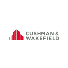 Isologo of cushman and wakefield. On the left is an illustration of a building in red and the words in gray
