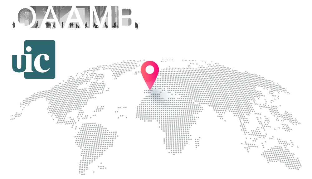 Architecture and planning logo. OAMMB Logo of the International University of Catalonia Barcelona. Cartographic representation of the world with a marker pointing to Spain.