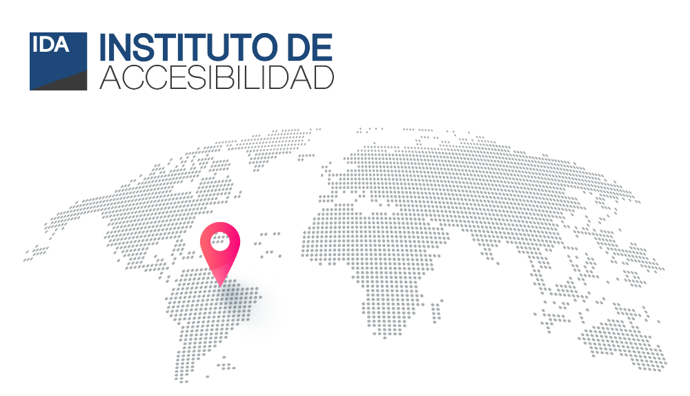 Logo of IDA (Accessibility Institute). Cartographic representation of the world with a marker pointing to Perú.